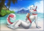  2018 4_toes 5_fingers anthro canine day detailed_background digital_media_(artwork) dog eviloverlord0 fur male mammal nude outside red_eyes red_fur sky solo tlt_echelon toes white_fur 