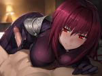  1girl blurry blush bodysuit breast_press breasts censored closed_mouth clothed_female_nude_male cum depth_of_field eyebrows_visible_through_hair fate/empire_of_dirt fate/grand_order fate_(series) game_cg gloves hair_between_eyes handjob hetero indoors lamp large_breasts light_smile long_hair looking_at_viewer mosaic_censoring nude pauldrons penis pink_hair pov purple_bodysuit purple_gloves red_eyes scathach_(fate)_(all) scathach_(fate/grand_order) shijiu_(adamhutt) trembling 