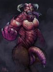  2018 balls baron_of_hell beckoning big_balls big_penis chumbasket demon digital_media_(artwork) doom erection fur green_eyes hi_res horn humanoid humanoid_penis long_tongue looking_at_viewer male muscular muscular_male nude open_mouth penis precum simple_background solo teeth tongue tongue_out video_games 