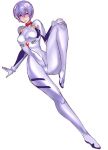  arm_support ayanami_rei blue_hair bodysuit breasts full_body hair_between_eyes hand_on_own_knee leg_up legs long_legs looking_at_viewer medium_breasts neon_genesis_evangelion parted_lips plugsuit purple_eyes short_hair simple_background sketch skin_tight solo thighs ukimukai white_background white_bodysuit 