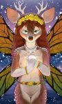  amber_eyes anthro bracelet breasts brown_fur cervine fairy female flower fur hair hi_res insect_wings jewelry jonas magic magic_user mammal navel necklace nipples nude plant pussy red_hair snow solo tan_fur teeth white_fur willow_(jonas) wings 