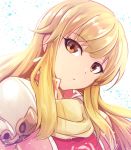  armor bangs blonde_hair brown_eyes commentary_request earrings expressionless eyebrows_visible_through_hair fire_emblem fire_emblem:_seisen_no_keifu head_tilt highres jewelry lachesis_(fire_emblem) long_hair looking_at_viewer nakabayashi_zun open_mouth parted_lips shoulder_pads sidelocks simple_background solo upper_body white_background 