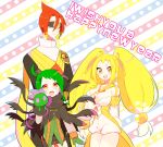  2boys :d ahoge alternate_color azumarill black_cape black_shorts blonde_hair blush breasts cape cleavage detached_sleeves english gloves green_gloves green_hair green_vest hand_puppet happy_new_year medium_breasts multiple_boys new_year open_mouth personification pokemon puppet red_eyes red_hair short_shorts shorts smile standing striped striped_background vest white_gloves yellow_eyes yuzu_ichika 