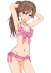  alternate_hairstyle arashio_(kantai_collection) armpits arms_up bikini blush breasts brown_eyes brown_hair cleavage collarbone cowboy_shot eyebrows_visible_through_hair groin hair_between_eyes kantai_collection linfa_lm long_hair looking_at_viewer mouth_hold navel pink_bikini ponytail shiny shiny_skin side-tie_bikini simple_background small_breasts solo standing striped striped_bikini swimsuit tying_hair white_background 