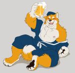  2018 4_toes 5_fingers alcohol anthro barefoot beer beverage canine chest_tuft claws clothed clothing dog eyes_closed fur mammal multicolored_fur nipples open_mouth pawpads paws shiba_inu simple_background smile solo takemoto_arashi toe_claws toes tuft two_tone_fur two_tone_tail 