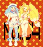  :d ;d arms_at_sides azumarill blonde_hair blue_legwear blush boots breasts cleavage clenched_hand dress gloves hand_up hat holding_hands long_hair low-tied_long_hair multiple_girls one_eye_closed open_mouth pokemon polka_dot polka_dot_background red_background red_neckwear sailor_dress sailor_hat smile thighhighs twintails white_footwear white_gloves white_hat yellow_eyes yellow_footwear yuzu_ichika 