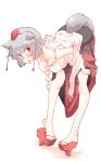  animal_ears bare_legs bent_over blush breasts cleavage collarbone detached_sleeves full_body geta hat highres inubashiri_momiji leaf_print leaning_forward looking_at_viewer medium_breasts non_(z-art) open_mouth pom_pom_(clothes) red_eyes shirt short_hair sideboob silver_hair simple_background skirt skirt_lift solo sweatdrop tail tengu-geta tokin_hat tongue tongue_out touhou white_background wide_sleeves wolf_ears wolf_tail 