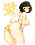  ass back bent_over bikini black_hair breasts brown_eyes covered_nipples cropped_legs english from_behind highres kawakami_sadayo large_breasts leaning_forward looking_at_viewer looking_back parted_lips persona persona_5 short_hair sideboob simple_background slugbox solo striped striped_bikini sweat swimsuit yellow_bikini 