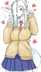  &lt;3 anthro blue_hair canine claws clothing dog female fur green_eyes hair hi_res inner_ear_fluff jacket japanese_text looking_at_viewer mammal necktie open_mouth pawpads paws school_uniform simple_background skirt smile solo standing text toco_(artist) tongue translation_request uniform v_sign white_background white_fur 