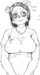  anthro black_hair canine clothed clothing digital_media_(artwork) female fluffy hair japanese_text long_hair mammal monochrome shirt simple_background sketch smile solo standing tanuki text toco_(artist) tongue tongue_out translation_request white_background 