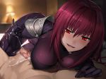  1girl blurry blush bodysuit breast_press breasts censored clothed_female_nude_male cum cum_on_body cum_on_lower_body cum_on_upper_body depth_of_field eyebrows_visible_through_hair fate/empire_of_dirt fate/grand_order fate_(series) flaccid game_cg gloves hair_between_eyes hetero indoors lamp large_breasts long_hair looking_at_viewer mosaic_censoring nude parted_lips pauldrons penis pink_hair pov purple_bodysuit purple_gloves red_eyes scathach_(fate)_(all) scathach_(fate/grand_order) shijiu_(adamhutt) smile 