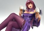  :o breasts cleavage commentary_request dress fate/grand_order fate_(series) food food_on_breasts gradient gradient_background grey_background ice_cream ice_cream_cone long_hair looking_at_viewer open_mouth pantyhose purple_dress purple_hair purple_legwear red_eyes scathach_(fate)_(all) scathach_skadi_(fate/grand_order) soft_serve solo tongue white_background yamaneko_(tkdrumsco) 