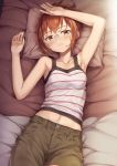  armpits arms_up bangs bare_arms bare_shoulders bed_sheet blush breasts brown_eyes brown_hair brown_shorts camisole chio-chan_no_tsuugakuro collarbone eyebrows_visible_through_hair fingernails glasses hand_on_own_head head_tilt highres looking_at_viewer lying md5_mismatch midriff miyamo_chio navel on_back parted_lips pillow revision short_hair short_shorts shorts small_breasts solo striped striped_camisole sweat tomifumi white_camisole 