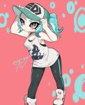  aqua_hair blush breasts cephalopod_eyes commentary covered_nipples domino_mask grey_eyes hat leggings makeup mascara mask nama_namusan octarian octoling pointy_ears shoes signature single_vertical_stripe singlet small_breasts sneakers solo splatoon_(series) splatoon_2 splatoon_2:_octo_expansion suction_cups tentacle_hair 
