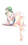  ass bare_legs bare_shoulders barefoot bent_over blush breasts breath covered_nipples detached_sleeves frog_hair_ornament from_behind full_body green_eyes green_hair hair_ornament highres kochiya_sanae large_breasts leaning_forward long_hair looking_at_viewer looking_back non_(z-art) panties sideboob simple_background snake_hair_ornament solo standing standing_on_one_leg sweatdrop touhou underwear white_background white_panties wide_sleeves 