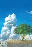  aki_(aki_k6) bird blue_sky city cloud cloudy_sky commentary_request day flock highres no_humans original outdoors railing scenery signature sky summer tree wind_chime 