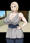  1girl areolae blonde_hair blush breasts censored cleavage eyebrows eyelashes eyes_closed facial_mark female fingernails fingers forehead forehead_mark hair_tie huge_breasts lipstick long_hair makeup milf nail_polish naruho naruto naruto_(series) navel neck nipples nude solo stomach thick_thighs thighs tsunade white_background 