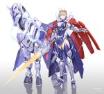  absurdres adapted_costume armor artoria_pendragon_(all) artoria_pendragon_(lancer) blonde_hair blue_eyes blue_legwear breasts cape cleavage commentary_request crown dun_stallion energy_sword fate/grand_order fate_(series) highres large_breasts mecha_musume mechanical_horse mechanization polearm rhongomyniad sohn_woohyoung spear sword thighhighs weapon 