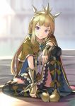  black_legwear blonde_hair blue_eyes brown_cape cagliostro_(granblue_fantasy) full_body granblue_fantasy hand_on_ankle headpiece hinami_(hinatamizu) long_hair looking_at_viewer miniskirt shiny shiny_hair sitting skirt smile solo thighhighs very_long_hair 