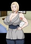  1girl areolae blonde_hair blush breasts censored cleavage eyebrows eyelashes eyes_closed facial_mark female fingernails fingers forehead forehead_mark hair_tie huge_breasts lipstick long_hair makeup milf nail_polish naruho naruto naruto_(series) navel neck nipples nude solo stomach thick_thighs thighs tsunade white_background 
