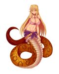  1girl absurdres bare_shoulders blonde_hair bracelet breasts commentary_request covered_nipples eyebrows_visible_through_hair full_body hair_between_eyes highres jewelry lamia lamia_(monster_girl_encyclopedia) large_breasts long_hair looking_at_viewer monster_girl monster_girl_encyclopedia navel pointy_ears simple_background smile sogegin solo stomach very_long_hair white_background yellow_eyes 