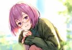  backlighting black-framed_eyewear blush fate/grand_order fate_(series) glasses grin hair_between_eyes haru_(hiyori-kohal) looking_at_viewer mash_kyrielight outdoors purple_eyes purple_hair ribbed_sweater sitting sketch smile solo sweater 