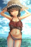  armpits arms_up ass_visible_through_thighs bare_shoulders bikini black_hair braid breasts brown_eyes cloud commentary_request cowboy_shot day earrings hat highres jewelry large_breasts long_hair looking_to_the_side navel ocean panties shounen_(hogehoge) side-tie_panties sky smile straw_hat swimsuit touhou underwear very_long_hair yatadera_narumi 