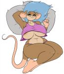  anthro big_breasts big_ears blue_hair breasts brown_fur brown_nose clothing delphine_(skidd) digital_media_(artwork) eyewear female fur glasses green_eyes hair huge_breasts lying mammal mature_female mouse multicolored_fur nipple_bulge on_back pillow prehensile_tail rodent simple_background skidd smile thick_thighs thong two_tone_fur under_boob voluptuous white_background wide_hips 