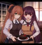  apron ascot backlighting bangs breasts brown_hair chien_zero chinese_commentary commentary_request girls_frontline green_eyes hair_rings half_updo highres huge_filesize indoors letterboxed long_hair long_sleeves m1903_springfield_(girls_frontline) multiple_girls necktie one_side_up open_mouth ponytail purple_hair red_eyes red_neckwear ribbon uniform wa2000_(girls_frontline) waitress 