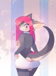  2018 4_fingers abstract_background anthro better_version_at_source blush breasts clothed clothing dragon electrycpynk electrycpynk_(character) female hair long_hair looking_at_viewer looking_back pawpads pink_hair purple_eyes rear_view side_boob signature solo standing sweater virgin_killer_sweater 