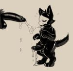  2018 4_fingers anthro balls big_penis biped black_fur canine changed_(video_game) cum cum_on_face cum_on_ground daftpatriot digital_drawing_(artwork) digital_media_(artwork) duo erection fluffy fur male male/male mammal mask messy monster nude penis puro_(changed) shiny simple_background solo_focus wolf 