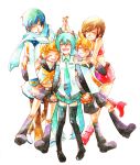  3girls :d ^_^ age_difference bare_arms bare_shoulders belt blonde_hair blue_hair blue_neckwear blue_scarf boots brown_hair brown_pants closed_eyes coat detached_sleeves eyebrows_visible_through_hair full_body hair_ribbon happy hatsune_miku headset height_difference holding_hands hug hug_from_behind interlocked_fingers kagamine_len kagamine_rin kaito meiko miyuki_(aoisan) multiple_boys multiple_girls necktie open_mouth orange_neckwear own_hands_together pants red_footwear red_skirt red_tank_top ribbon scarf shirt short_hair shorts simple_background skirt sleeveless sleeveless_shirt smile tank_top teeth thigh_boots thighhighs thighs traditional_media twintails vocaloid watercolor_(medium) white_background white_coat white_ribbon white_shirt 