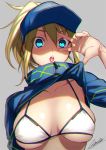  :o amamfoy artoria_pendragon_(all) bikini blonde_hair blue_eyes breasts chromatic_aberration collarbone cropped_jacket fate/grand_order fate_(series) grey_background hair_between_eyes jacket_lift large_breasts lifted_by_self long_hair looking_at_viewer mysterious_heroine_xx_(foreigner) ponytail shrug_(clothing) signature skindentation solo swimsuit upper_body v v-shaped_eyebrows v_over_eye white_bikini zipper 