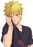  absurdres blonde_hair blood blood_on_face blue_eyes commentary_request highres ichisaku looking_at_viewer male_focus naruto_(series) naruto_shippuuden ninja shirt short_hair solo t-shirt upper_body uzumaki_naruto white_background wiping_face 
