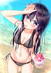  adapted_costume ahoge akatsuki_(kantai_collection) anchor_symbol arm_up ass_visible_through_thighs beach bikini black_bikini blush breasts cleavage closed_mouth collarbone commentary_request day eyebrows_visible_through_hair food groin hair_between_eyes hand_to_forehead kantai_collection kuno_nv long_hair looking_at_viewer looking_up navel ocean purple_eyes purple_hair remodel_(kantai_collection) shaved_ice side-tie_bikini small_breasts spoon spoon_in_mouth sunlight swimsuit 