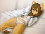  1girl animal_ears animated animated_gif bed blush breasts embarrassed female furry indoors ka_(pixiv341010) kagerofu lion lion_ears lion_tail lying orange_eyes panties pillow pussy ribbon school_uniform solo tail third-party_edit underwear 