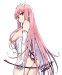  ass breasts brown_eyes butt_crack chan_co corset cowboy_shot elbow_gloves eyebrows_visible_through_hair fate/grand_order fate_(series) from_behind gloves hair_censor hair_over_breasts large_breasts long_hair looking_back medb_(fate)_(all) medb_(fate/grand_order) panties pink_hair purple_panties sideboob sidelocks simple_background smile solo tiara underboob underwear underwear_only very_long_hair white_background white_gloves 