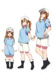  :d ;d age_progression blush boots breasts brown_eyes brown_hair flat_cap flat_chest full_body hat hataraku_saibou highres large_breasts looking_at_viewer medium_breasts multiple_views one_eye_closed open_mouth platelet_(hataraku_saibou) ponytail shirt short_sleeves shorts simple_background smile tansaninryousui white_background 