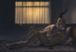  2017 4_toes ambiguous_gender antelope anthro bed canine cuddling detailed_background digital_media_(artwork) digitigrade dog duo eyes_closed gazelle hooves hug mammal nude on_bed shwonky smile toes 
