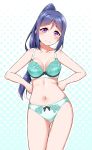  aqua_bra aqua_panties ass_visible_through_thighs blue_hair blush bra breasts cleavage collarbone commentary_request eyebrows_visible_through_hair halftone halftone_background hands_on_hips long_hair long_ponytail looking_at_viewer love_live! love_live!_sunshine!! matsuura_kanan medium_breasts navel panties ponytail purple_eyes sidelocks smile solo stomach thigh_gap underwear underwear_only yopparai_oni 