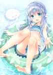  :d angora_rabbit animal bangs bare_legs bare_shoulders barefoot bikini blue_bikini blue_eyes blue_hair blush bunny collarbone commentary eyebrows_visible_through_hair fingernails gochuumon_wa_usagi_desu_ka? green_innertube hair_between_eyes hair_ornament halter_top halterneck head_tilt highres innertube kafuu_chino long_hair looking_at_viewer low_twintails lying on_back open_mouth outstretched_arm polka_dot polka_dot_bikini round_teeth shiiba_nae sidelocks smile swimsuit teeth tippy_(gochiusa) transparent twintails upper_teeth very_long_hair water wet x_hair_ornament 