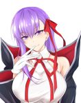  bangs bare_shoulders bb_(fate)_(all) bb_(swimsuit_mooncancer)_(fate) black_coat blush breasts collarbone commentary_request eyebrows_visible_through_hair fate/grand_order fate_(series) finger_to_mouth gloves hair_between_eyes hair_ribbon hand_up head_tilt high_collar huge_breasts long_hair long_sleeves looking_at_viewer neck_ribbon piro_(iiiiiiiiii) purple_eyes purple_hair red_neckwear red_ribbon ribbon shirt simple_background single_sidelock smile solo upper_body white_background white_gloves white_shirt wide_sleeves wing_collar 