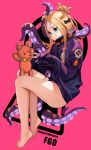  abigail_williams_(fate/grand_order) alternate_hairstyle bandaid_on_forehead bangs barefoot belt black_bow black_jacket blonde_hair blue_eyes blush bow character_name commentary_request fate/grand_order fate_(series) feet forehead hair_bow hair_bun heroic_spirit_traveling_outfit high_collar holding holding_stuffed_animal jacket keyhole legs long_hair looking_at_viewer orange_bow parted_bangs pink_background polka_dot polka_dot_bow simple_background sleeves_past_wrists solo stuffed_animal stuffed_toy teddy_bear tentacles thighs toes wuguno_ziran_juan 