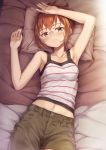  armpits arms_up bangs bare_arms bare_shoulders bed_sheet blush breasts brown_eyes brown_hair brown_shorts camisole chio-chan_no_tsuugakuro collarbone commentary_request eyebrows_visible_through_hair fingernails glasses hand_on_own_head head_tilt highres lying midriff miyamo_chio navel on_back parted_lips pillow revision short_hair short_shorts shorts small_breasts solo striped striped_camisole sweat tomifumi white_camisole 