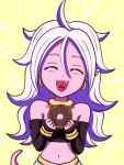 :3 :d android_21 bare_shoulders breasts chibi cleavage closed_eyes detached_sleeves doughnut dragon_ball dragon_ball_fighterz earrings fangs food hair_between_eyes hoop_earrings jewelry koyukiyasu long_hair majin_android_21 midriff navel open_mouth pink_skin ring smile solo strapless tail tubetop yellow_background 