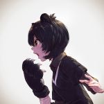  animal_ears backlighting bangs bear_ears bear_paw_hammer black_hair brown_eyes commentary_request fang from_side grey_neckwear highres holding japanese_black_bear_(kemono_friends) kemono_friends long_sleeves necktie nose open_mouth profile realistic short_hair solo takami_masahiro upper_body 