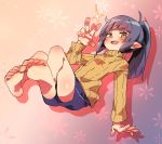  1girl akari_(raigou) barefoot blue_hair borrowed_character feet female original pointy_ears ponytail sanzui shorts soles solo sweater toes v 