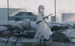  apartment bangs black_footwear blood bloody_clothes blush boots breasts building can car chihuri closed_mouth commentary dress eyebrows_visible_through_hair gloves grey_eyes grey_hairband ground_vehicle gun hair_between_eyes hairband highres holding holding_gun holding_weapon long_hair long_sleeves medium_breasts motor_vehicle original outdoors ppsh-41 silver_hair smile snow snowing solo standing standing_on_one_leg submachine_gun tire vehicle_request very_long_hair water weapon white_dress white_gloves wide_sleeves 