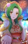  brown_eyes elincia_ridell_crimea festival fire_emblem fire_emblem:_akatsuki_no_megami fire_emblem:_souen_no_kiseki fireworks green_hair highres ippers japanese_clothes kimono long_hair looking_at_viewer night open_mouth simple_background smile solo 