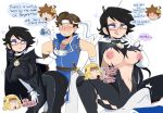  1girl 3boys bayonetta bayonetta_(character) belly black_hair blue_eyes blush breasts brown_hair castlevania castlevania:_rondo_of_blood eyebrows heart jinu kid_icarus konami multiple_boys nintendo open_mouth pit_(kid_icarus) richter_belmondo short_hair simon_belmondo simple_background smile stomach super_smash_bros. teeth text tongue tongue_out weapon white_background 